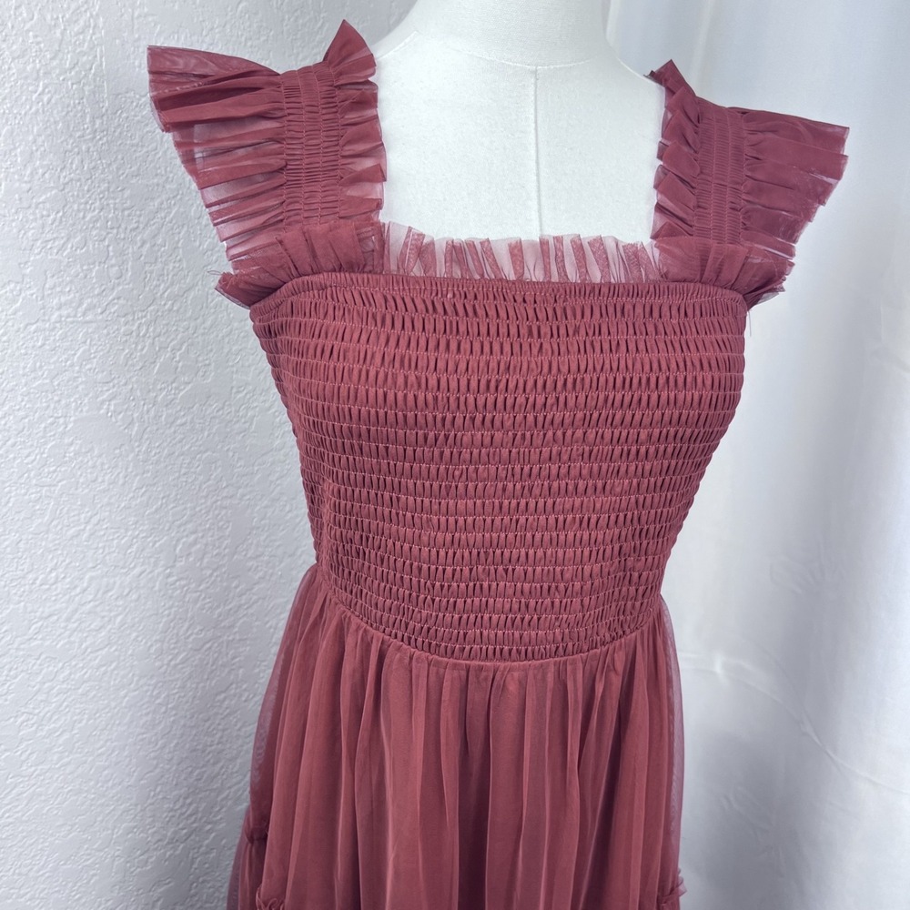 Baltic Born Emma Smocked Tulle Midi Dress Womens Medium Oxblood Formal Occasion - Picture 2 of 10
